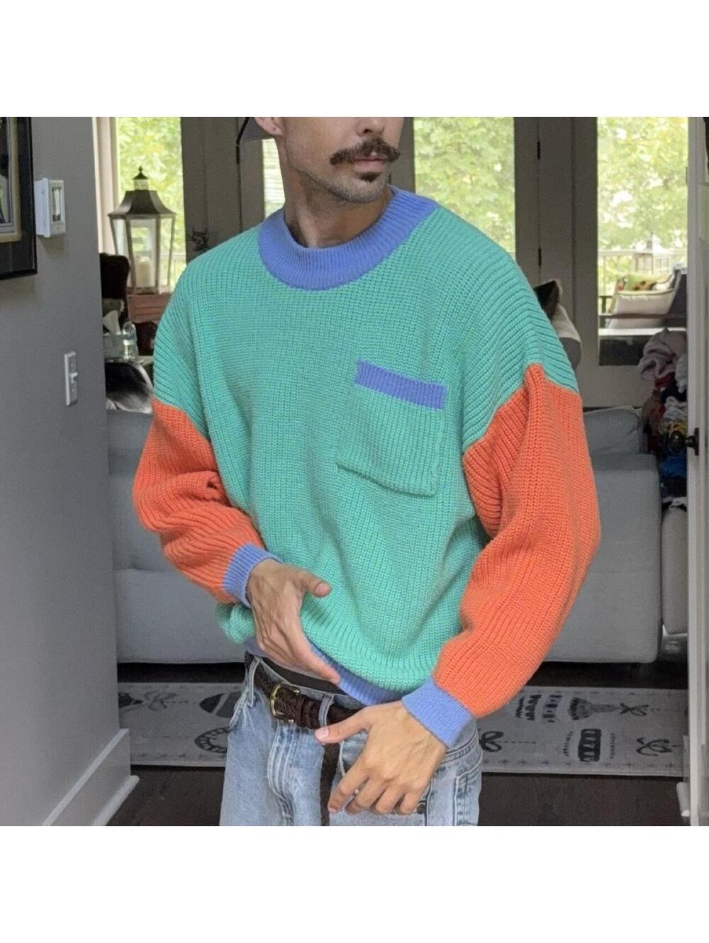 🌊 Vintage Mint Colorblock Chunky Knit Sweater 💙🪸
